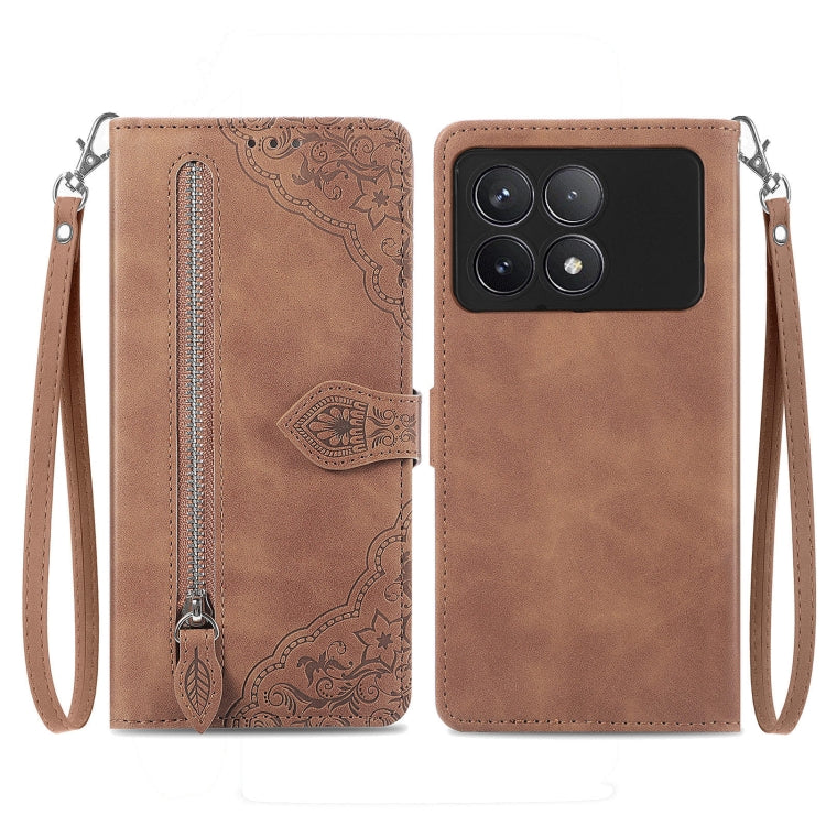 For Xiaomi Redmi K70 Embossed Flower Zipper Leather Phone Case(Brown) - K70 Cases by PMC Jewellery | Online Shopping South Africa | PMC Jewellery | Buy Now Pay Later Mobicred