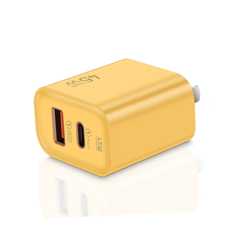 45PQ 45W PD25W + QC3.0 20W USB Super Fast Charger with Type-C to 8 Pin Cable, US Plug(Yellow) - USB Charger by PMC Jewellery | Online Shopping South Africa | PMC Jewellery | Buy Now Pay Later Mobicred