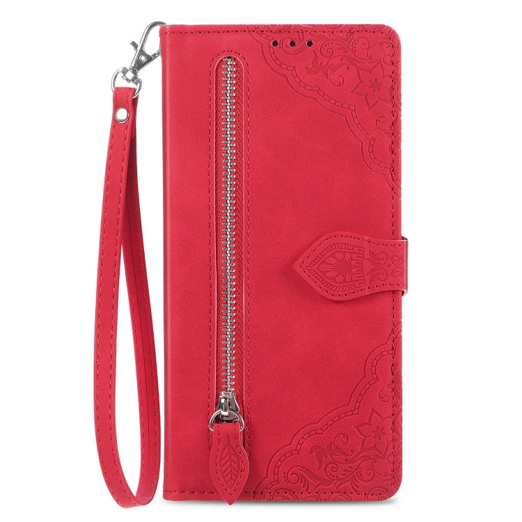 For Honor Magic6 Pro Embossed Flower Zipper Leather Phone Case(Red) - Honor Cases by PMC Jewellery | Online Shopping South Africa | PMC Jewellery | Buy Now Pay Later Mobicred