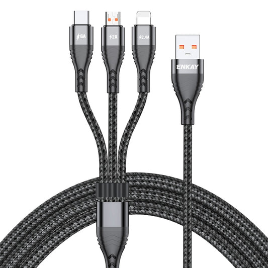 ENKAY 3-in-1 6A USB to Type-C / 8 Pin / Micro USB Multifunction Fast Charging Cable, Cable Length:2m(Black) - Multifunction Cable by ENKAY | Online Shopping South Africa | PMC Jewellery | Buy Now Pay Later Mobicred