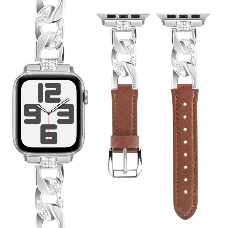 For  Apple Watch Series 8 41mm Rhinestone Denim Chain Leather Watch Band(Brown) - Watch Bands by PMC Jewellery | Online Shopping South Africa | PMC Jewellery