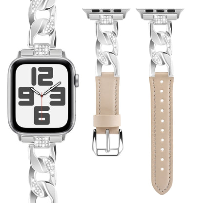 For Apple Watch Series 7 41mm Rhinestone Denim Chain Leather Watch Band(Apricot) - Watch Bands by PMC Jewellery | Online Shopping South Africa | PMC Jewellery