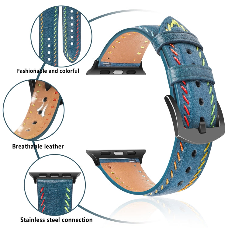 For Apple Watch Ultra 49mm Colorful Sewing Thread Leather Watch Band(Blue) - Watch Bands by PMC Jewellery | Online Shopping South Africa | PMC Jewellery