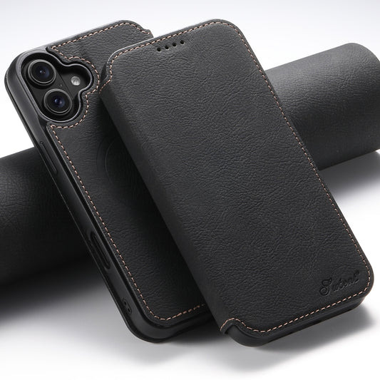 For iPhone 16 Suteni J06 Retro Matte Litchi Texture Leather MagSafe Phone Case(Black) - iPhone 16 Cases by Suteni | Online Shopping South Africa | PMC Jewellery | Buy Now Pay Later Mobicred