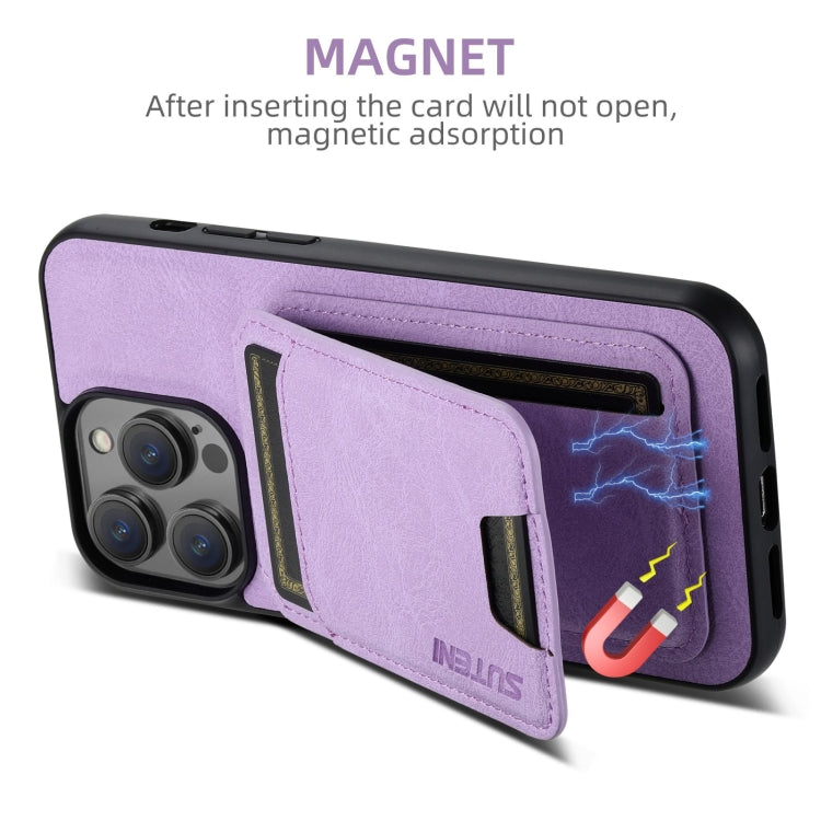 For iPhone 16 Pro Max Suteni H02 Litchi Leather Card Wallet Stand Back Phone Case(Purple) - iPhone 16 Pro Max Cases by Suteni | Online Shopping South Africa | PMC Jewellery | Buy Now Pay Later Mobicred