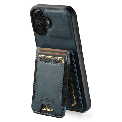 For iPhone 16 Suteni H03 Oil Wax Leather Wallet Stand Back Phone Case(Blue) - iPhone 16 Cases by Suteni | Online Shopping South Africa | PMC Jewellery | Buy Now Pay Later Mobicred