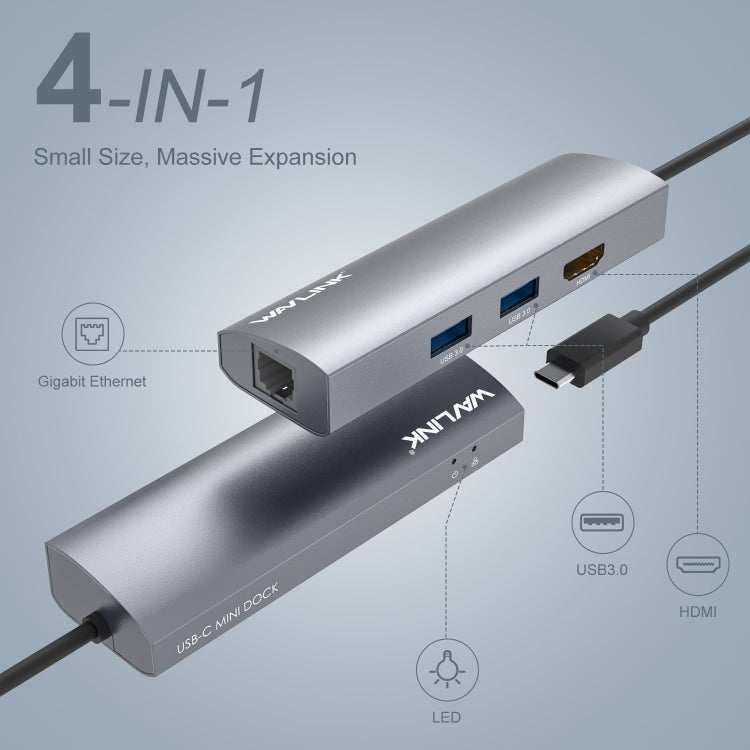 WAVLINK WL-UHP3408 USB HUB Adapter 4-in-1 Type-C to HD + 2xUSB3.0 + Gigabit RJ45 Docking Station - USB HUB by WAVLINK | Online Shopping South Africa | PMC Jewellery | Buy Now Pay Later Mobicred