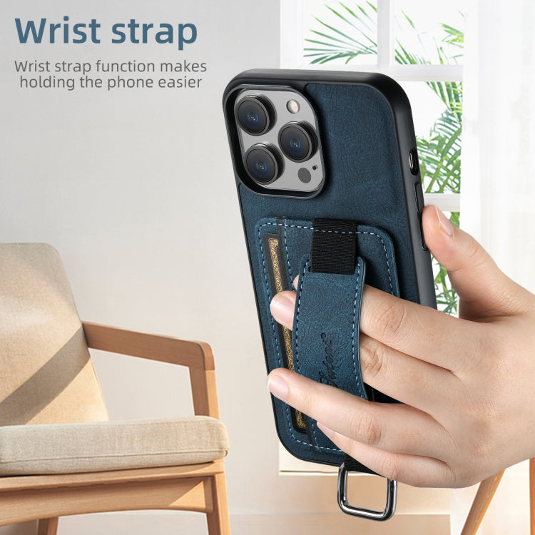 For iPhone 16 Plus Suteni H13 Litchi Leather Wrist Strap Wallet Back Phone Case(Blue) - iPhone 16 Plus Cases by Suteni | Online Shopping South Africa | PMC Jewellery | Buy Now Pay Later Mobicred