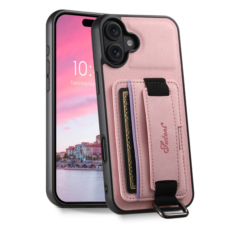 For iPhone 16 Suteni H13 Litchi Leather Wrist Strap Wallet Back Phone Case(Pink) - iPhone 16 Cases by Suteni | Online Shopping South Africa | PMC Jewellery | Buy Now Pay Later Mobicred