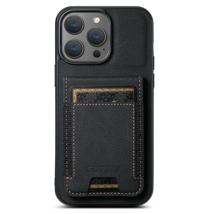 For iPhone 15 Pro Max Suteni H03 Litchi Leather Card Bag Stand Back Phone Case(Black) - iPhone 15 Pro Max Cases by Suteni | Online Shopping South Africa | PMC Jewellery | Buy Now Pay Later Mobicred