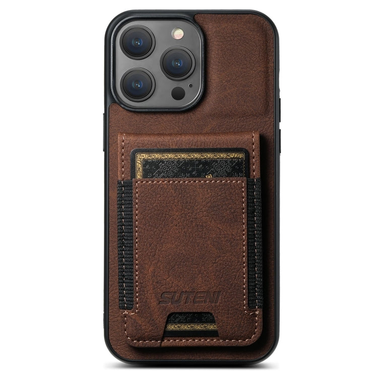 For iPhone 16 Pro Suteni H03 Litchi Leather Card Bag Stand Back Phone Case(Brown) - iPhone 16 Pro Cases by Suteni | Online Shopping South Africa | PMC Jewellery | Buy Now Pay Later Mobicred