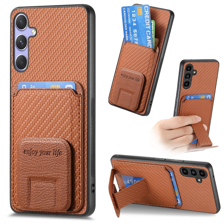 For Samsung Galaxy S25+ 5G Carbon Fiber Card Bag Fold Stand Phone Case(Brown) - Galaxy S25+ 5G Cases by PMC Jewellery | Online Shopping South Africa | PMC Jewellery | Buy Now Pay Later Mobicred