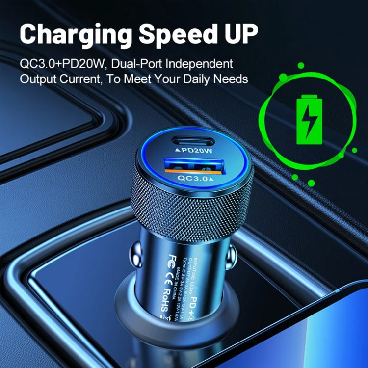 P19 Metal PD20W USB-C + QC18W USB Car Charger with Type-C to 8 Pin Date Cable(Silver Gray) - Car Charger by PMC Jewellery | Online Shopping South Africa | PMC Jewellery | Buy Now Pay Later Mobicred