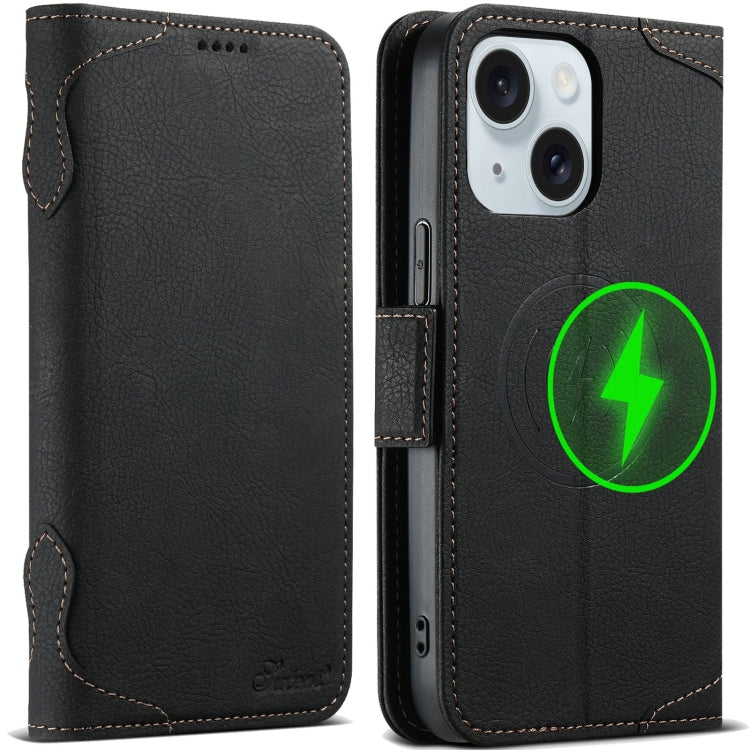 For iPhone 15 SUTENI J07 Multifunctional Horizontal Flip Magsafe Leather Phone Case(Black) - iPhone 15 Cases by Suteni | Online Shopping South Africa | PMC Jewellery | Buy Now Pay Later Mobicred