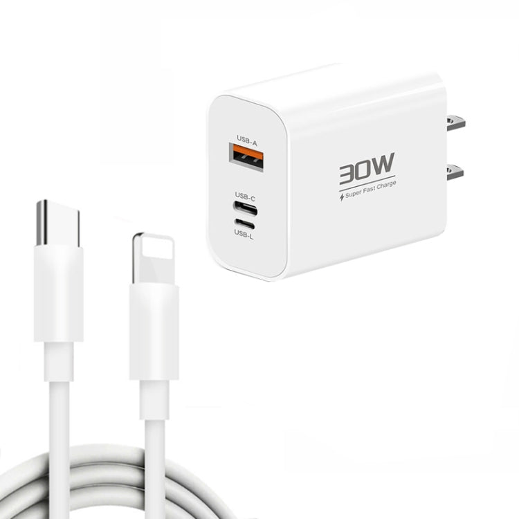 PD30W USB-C / Type-C + 8 Pin + USB Charger with Type-C to 8 Pin Date Cable(US Plug) - free shipping - PMC Jewellery - Order now!
