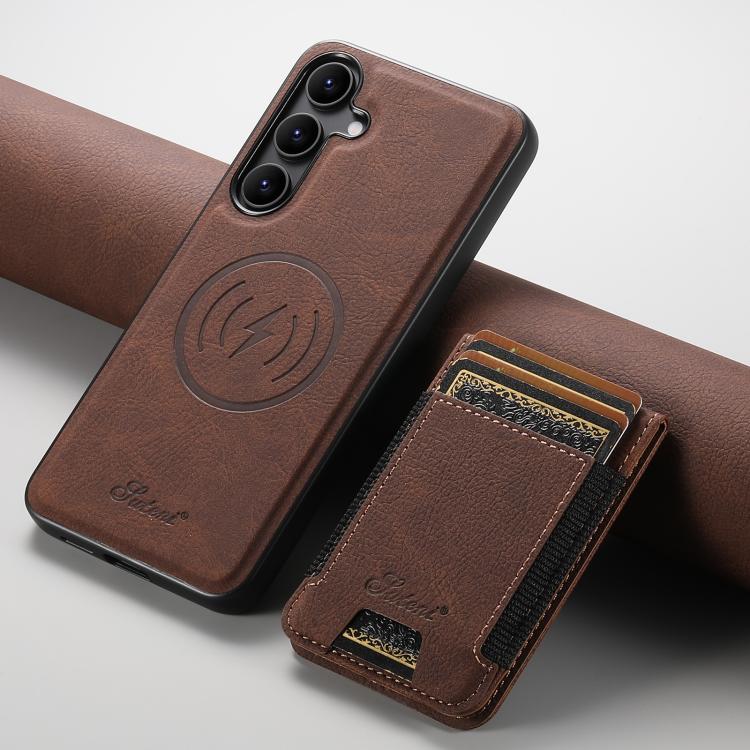 For Samsung Galaxy S25 5G Suteni H17 Litchi Texture Leather MagSafe Detachable Wallet Phone Case(Brown) - Galaxy S25 5G Cases by Suteni | Online Shopping South Africa | PMC Jewellery | Buy Now Pay Later Mobicred