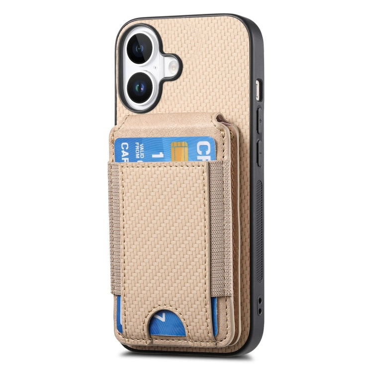 For iPhone 16 Plus Carbon Fiber Vertical Flip Wallet Stand Phone Case(Khaki) - iPhone 16 Plus Cases by PMC Jewellery | Online Shopping South Africa | PMC Jewellery | Buy Now Pay Later Mobicred