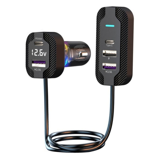 YQ7 Voltage Display PD 30W Fast Charging 2 x Type-C + 3 x USB Car Charger with 1.5m Extension Cable - Car Charger by PMC Jewellery | Online Shopping South Africa | PMC Jewellery | Buy Now Pay Later Mobicred