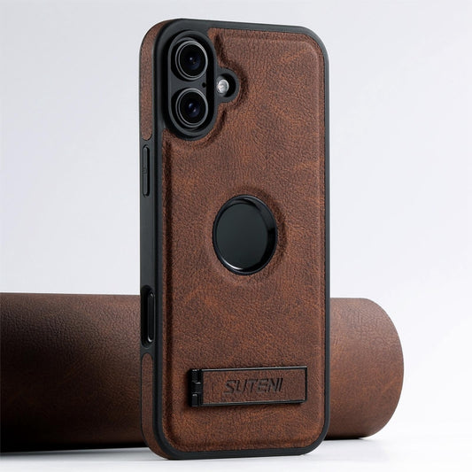 For iPhone 16 Plus Suteni G2 Magsafe Litchi Texture Leather Back Phone Case with Holder(Brown) - iPhone 16 Plus Cases by Suteni | Online Shopping South Africa | PMC Jewellery | Buy Now Pay Later Mobicred