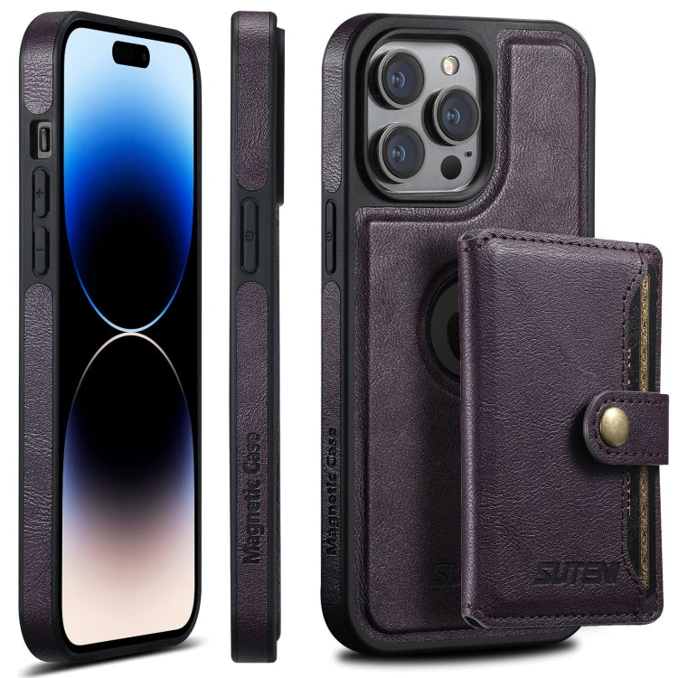 For iPhone 14 Pro Max Suteni M1 Oil Wax MagSafe Detachable Horizontal Card Bag Phone Case(Purple) - iPhone 14 Pro Max Cases by Suteni | Online Shopping South Africa | PMC Jewellery | Buy Now Pay Later Mobicred