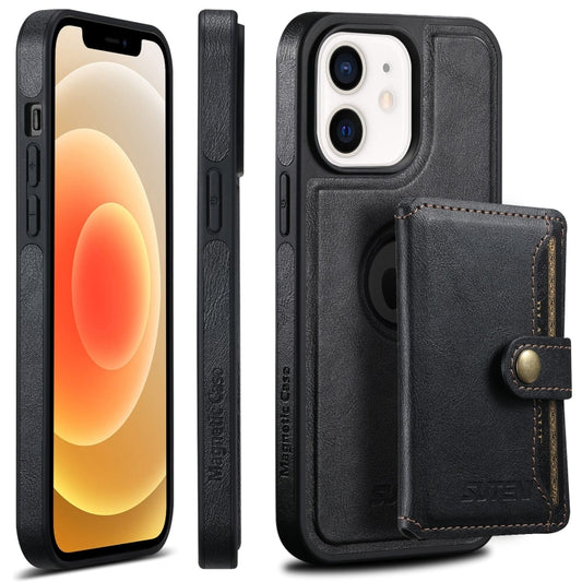 For iPhone 12  Suteni M1 Oil Wax MagSafe Detachable Horizontal Card Bag Phone Case(Black) - iPhone 12 / 12 Pro Cases by Suteni | Online Shopping South Africa | PMC Jewellery | Buy Now Pay Later Mobicred