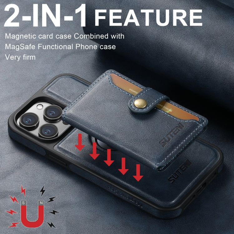 For iPhone 16 Suteni M1 Oil Wax MagSafe Detachable Horizontal Card Bag Phone Case(Blue) - iPhone 16 Cases by Suteni | Online Shopping South Africa | PMC Jewellery | Buy Now Pay Later Mobicred