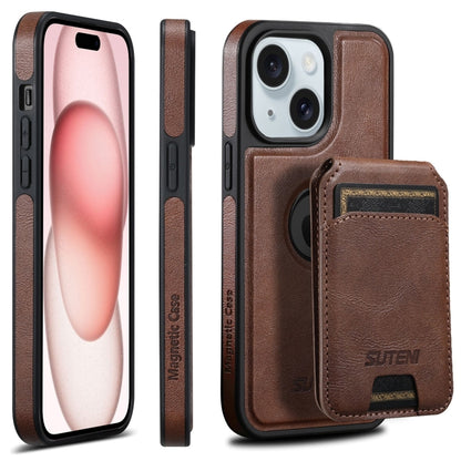 For iPhone 15 Suteni M2 Oil Wax MagSafe Horizontal Card Bag Phone Case(Brown) - iPhone 15 Cases by Suteni | Online Shopping South Africa | PMC Jewellery | Buy Now Pay Later Mobicred