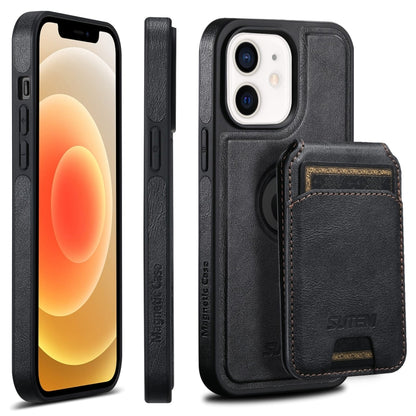 For iPhone 12  Suteni M2 Oil Wax MagSafe Horizontal Card Bag Phone Case(Black) - iPhone 12 / 12 Pro Cases by Suteni | Online Shopping South Africa | PMC Jewellery | Buy Now Pay Later Mobicred