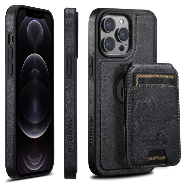 For iPhone 12 Pro Suteni M2 Oil Wax MagSafe Horizontal Card Bag Phone Case(Black) - iPhone 12 / 12 Pro Cases by Suteni | Online Shopping South Africa | PMC Jewellery | Buy Now Pay Later Mobicred