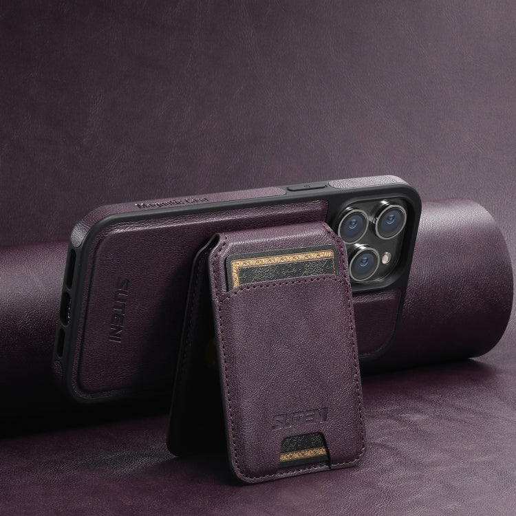 For iPhone 12 Pro Suteni M2 Oil Wax MagSafe Horizontal Card Bag Phone Case(Purple) - iPhone 12 / 12 Pro Cases by Suteni | Online Shopping South Africa | PMC Jewellery | Buy Now Pay Later Mobicred