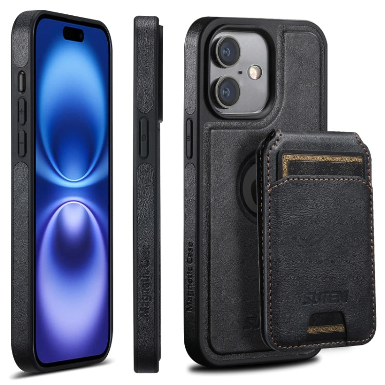 For iPhone 16 Suteni M2 Oil Wax MagSafe Horizontal Card Bag Phone Case(Black) - iPhone 16 Cases by Suteni | Online Shopping South Africa | PMC Jewellery | Buy Now Pay Later Mobicred