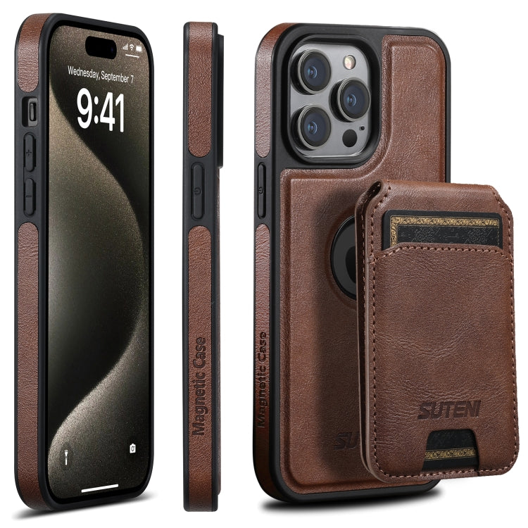 For iPhone 16 Pro Suteni M2 Oil Wax MagSafe Horizontal Card Bag Phone Case(Brown) - iPhone 16 Pro Cases by Suteni | Online Shopping South Africa | PMC Jewellery | Buy Now Pay Later Mobicred