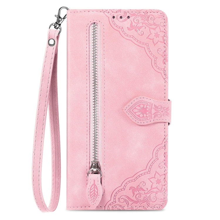 For Realme C65 Embossed Flower Zipper Leather Phone Case(Pink) - Realme Cases by PMC TechLife | Online Shopping South Africa | PMC TechLife | Buy Now Pay Later Mobicred