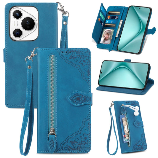 For Huawei Pura 70 Pro+ Embossed Flower Zipper Leather Phone Case(Blue) - Huawei Cases by PMC Jewellery | Online Shopping South Africa | PMC Jewellery | Buy Now Pay Later Mobicred