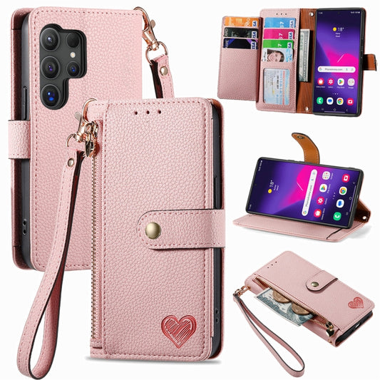 For Samsung Galaxy S25 Ultra 5G Love Zipper Lanyard Leather Phone Case(Pink) - Galaxy S25 Ultra 5G Cases by PMC Jewellery | Online Shopping South Africa | PMC Jewellery | Buy Now Pay Later Mobicred