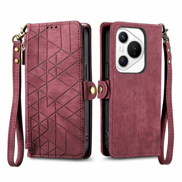 For Huawei Pura 70 Geometric Zipper Wallet Side Buckle Leather Phone Case(Red) - Huawei Cases by PMC Jewellery | Online Shopping South Africa | PMC Jewellery | Buy Now Pay Later Mobicred