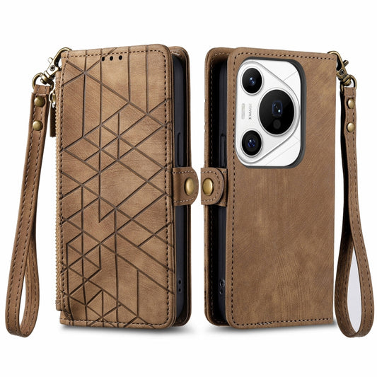 For Huawei Pura 70 Pro Geometric Zipper Wallet Side Buckle Leather Phone Case(Brown) - Huawei Cases by PMC Jewellery | Online Shopping South Africa | PMC Jewellery | Buy Now Pay Later Mobicred