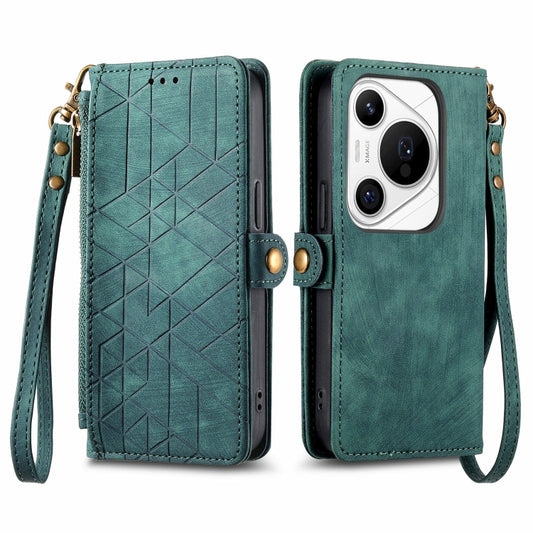 For Huawei Pura 70 Pro Geometric Zipper Wallet Side Buckle Leather Phone Case(Green) - Huawei Cases by PMC Jewellery | Online Shopping South Africa | PMC Jewellery | Buy Now Pay Later Mobicred