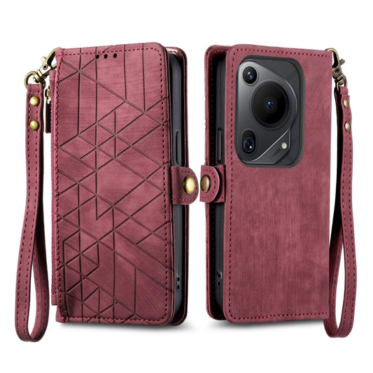 For Huawei Pura 70 Ultra Geometric Zipper Wallet Side Buckle Leather Phone Case(Red) - Huawei Cases by PMC Jewellery | Online Shopping South Africa | PMC Jewellery | Buy Now Pay Later Mobicred