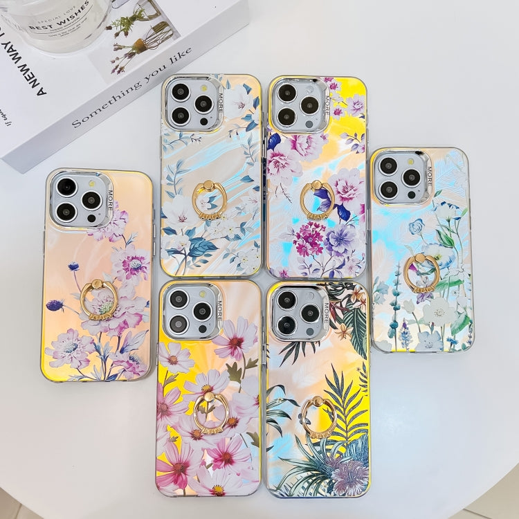 For iPhone 16 Electroplating Laser Flower Ring Holder TPU Phone Case(Leaves AH12) - iPhone 16 Cases by PMC Jewellery | Online Shopping South Africa | PMC Jewellery | Buy Now Pay Later Mobicred