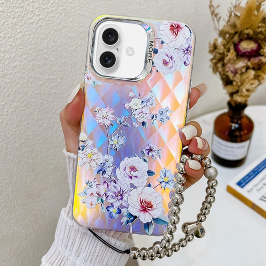 For iPhone 16 Electroplating Laser Flower Phone Case with Wrist Strap(Rose AH15) - iPhone 16 Cases by PMC Jewellery | Online Shopping South Africa | PMC Jewellery | Buy Now Pay Later Mobicred