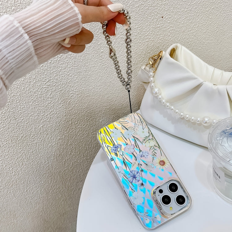For iPhone 16 Electroplating Laser Flower Phone Case with Wrist Strap(Peony AH11) - iPhone 16 Cases by PMC TechLife | Online Shopping South Africa | PMC TechLife | Buy Now Pay Later Mobicred