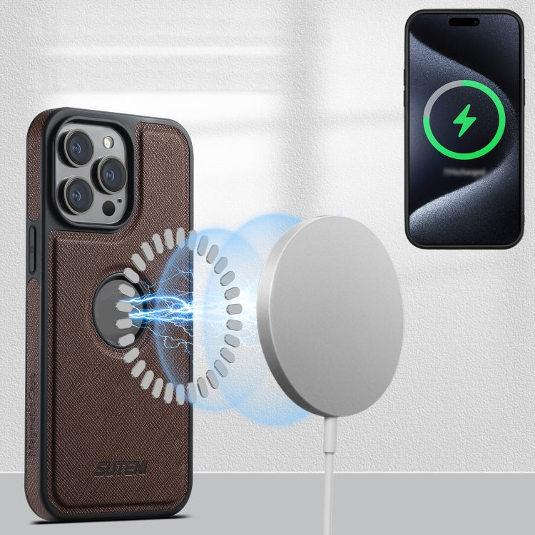 For iPhone 15 Pro Suteni M2 Cross-Grain MagSafe Vertical Card Back Phone Case(Brown) - iPhone 15 Pro Cases by Suteni | Online Shopping South Africa | PMC Jewellery | Buy Now Pay Later Mobicred