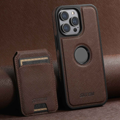 For iPhone 13 Pro Max Suteni M2 Cross-Grain MagSafe Vertical Card Back Phone Case(Brown) - iPhone 13 Pro Max Cases by Suteni | Online Shopping South Africa | PMC Jewellery | Buy Now Pay Later Mobicred