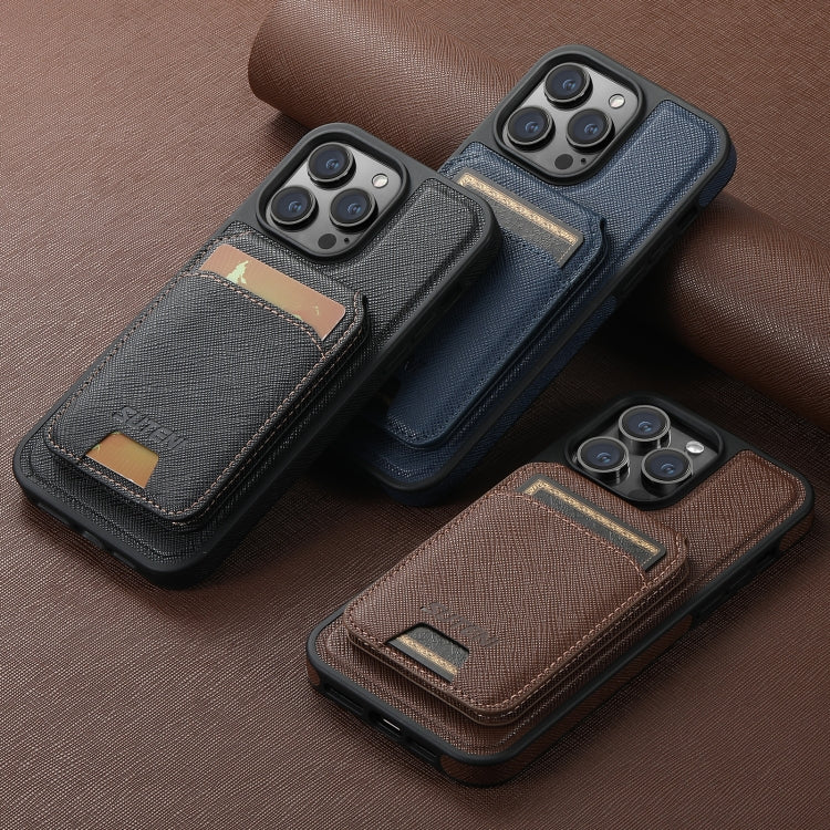 For iPhone 13 Suteni M2 Cross-Grain MagSafe Vertical Card Back Phone Case(Brown) - iPhone 13 Cases by Suteni | Online Shopping South Africa | PMC Jewellery | Buy Now Pay Later Mobicred