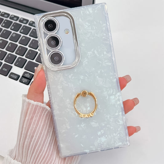 For Samsung Galaxy S25 5G Plating Glitter Texture Ring Holder TPU Phone Case with Lens Film(White Shell Pattern) - Galaxy S25 5G Cases by PMC Jewellery | Online Shopping South Africa | PMC Jewellery | Buy Now Pay Later Mobicred