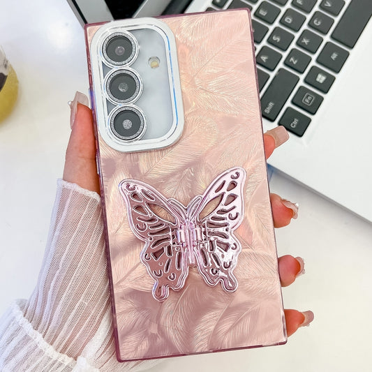 For Samsung Galaxy S25+ 5G Plating Glitter Texture Butterfly Holder TPU Phone Case with Lens Film(Pink Feathers) - Galaxy S25+ 5G Cases by PMC Jewellery | Online Shopping South Africa | PMC Jewellery | Buy Now Pay Later Mobicred