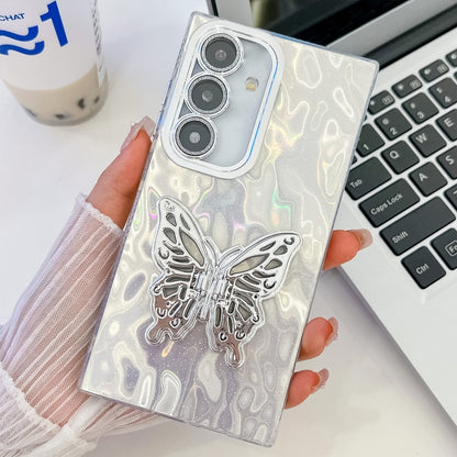 For Samsung Galaxy S25+ 5G Plating Glitter Texture Butterfly Holder TPU Phone Case with Lens Film(White Wrinkles) - Galaxy S25+ 5G Cases by PMC Jewellery | Online Shopping South Africa | PMC Jewellery | Buy Now Pay Later Mobicred