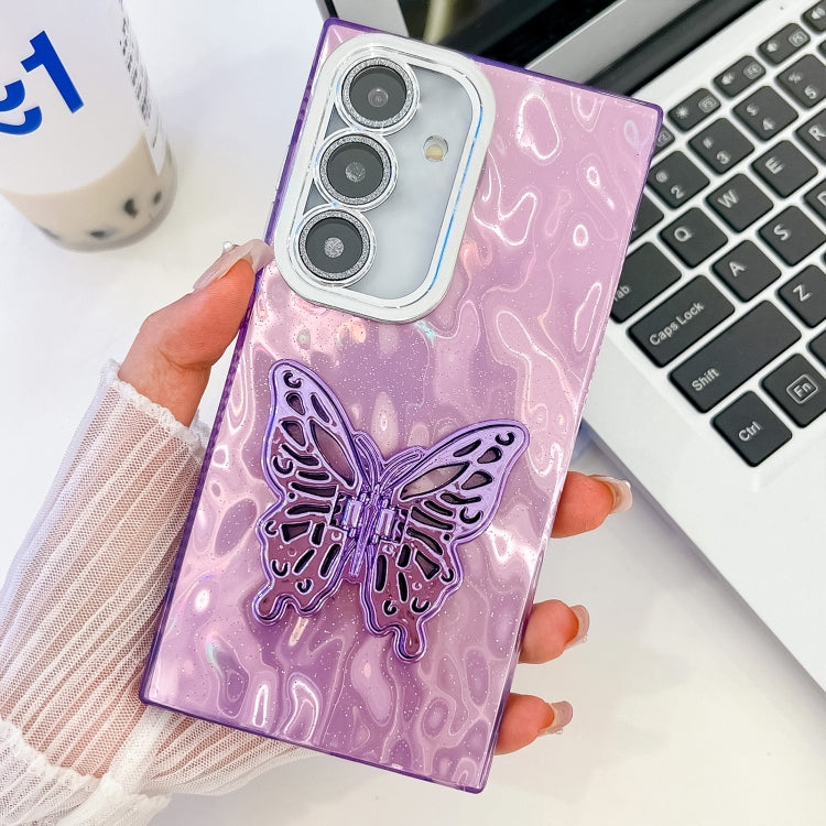 For Samsung Galaxy S25+ 5G Plating Glitter Texture Butterfly Holder TPU Phone Case with Lens Film(Purple Wrinkles) - Galaxy S25+ 5G Cases by PMC Jewellery | Online Shopping South Africa | PMC Jewellery | Buy Now Pay Later Mobicred