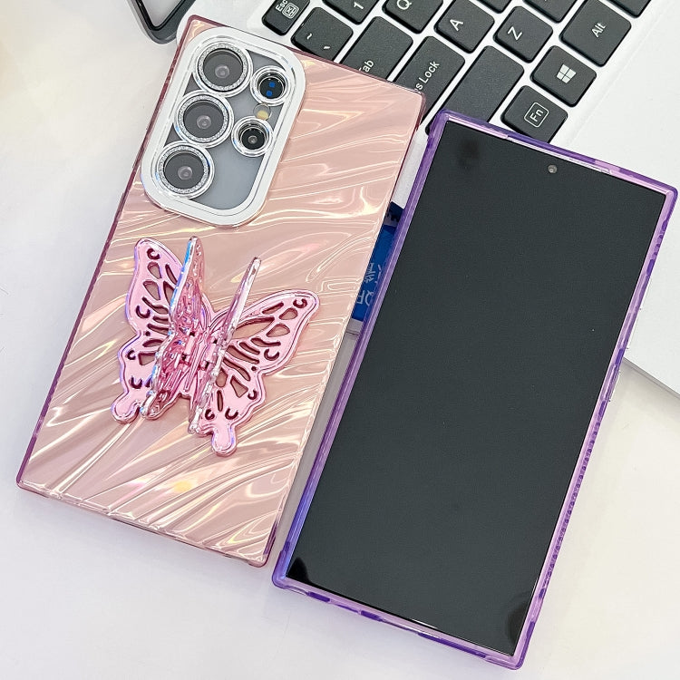 For Samsung Galaxy S25 5G Plating Glitter Texture Butterfly Holder TPU Phone Case with Lens Film(Pink Feathers) - Galaxy S25 5G Cases by PMC Jewellery | Online Shopping South Africa | PMC Jewellery | Buy Now Pay Later Mobicred